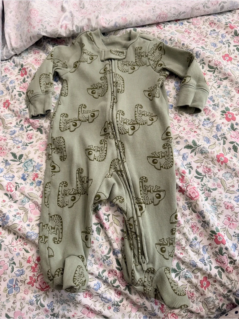 Carter's Gray Ribbed & Sage Green Printed Footed One-Piece bundle